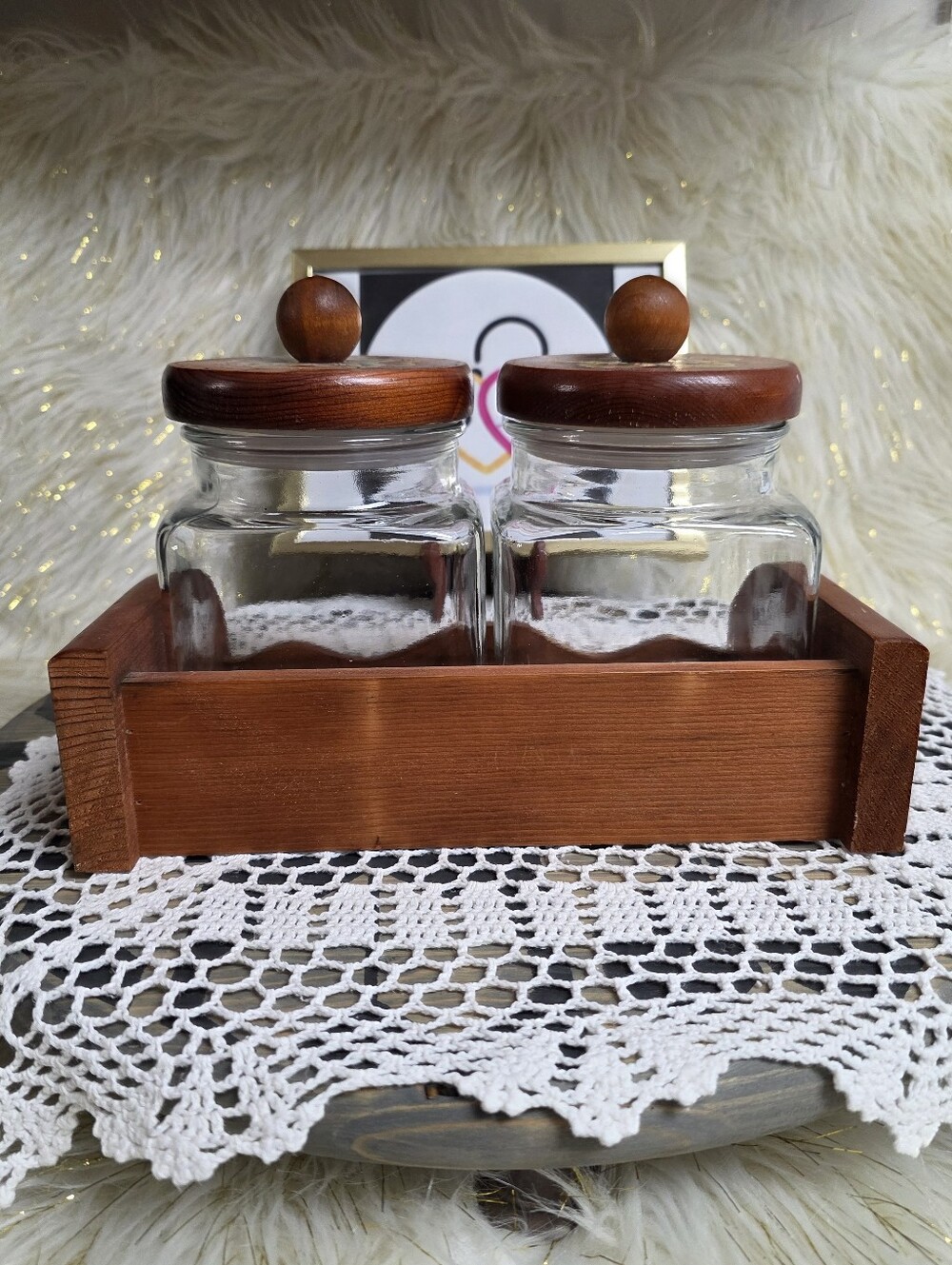 VINTAGE NORWEGIAN ROSEMALING HANDPAINTED GLASS JAR WOOD LID AND STORAGE RACK - Picture 4 of 13